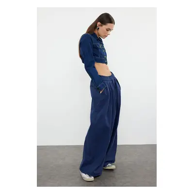 Trendyol Navy Blue Pleated High Waist Wide Leg Jeans