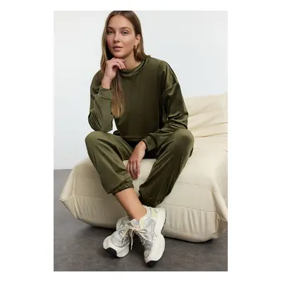 Trendyol Khaki Velvet Crop Flexible Knitted Bottom-Top Set