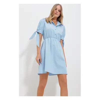 Trend Alaçatı Stili Women's Blue Shirt Collar Watermelon Sleeve Poplin Dress