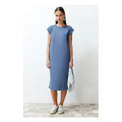 Trendyol Indigo Plain T-shirt Dress 100% Cotton Moon Sleeve Shift/Relaxed Cut Midi Midi Dress