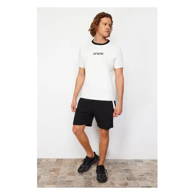 Trendyol Ecru-Black Regular/Normal Cut Raised Text Print T-Shirt-Shorts Tracksuit Set