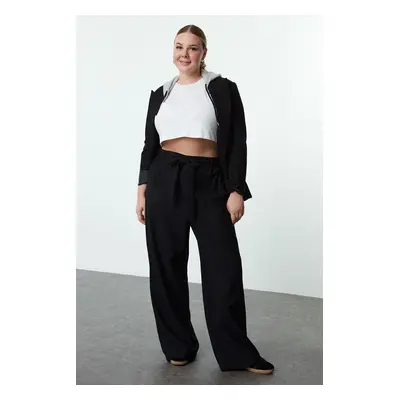 Trendyol Curve Black Elastic Elastic Waist Belted Wide Leg Woven Plus Size Trousers