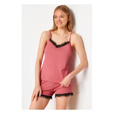 Trendyol Pink Lace and Ribbon/Bow Detail Rope Strap Ribbed Knitted Pajama Set