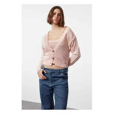 Trendyol Pink Openwork/Hole Crop Knitwear Cardigan