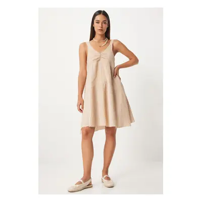 Happiness İstanbul Women's Cream Gathered Collar A-Line Summer Knitted Dress