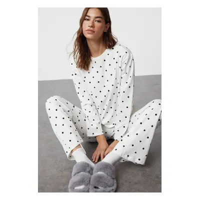 Trendyol Ecru 100% Cotton Polka Dot and Heart Knitted Pajama Set