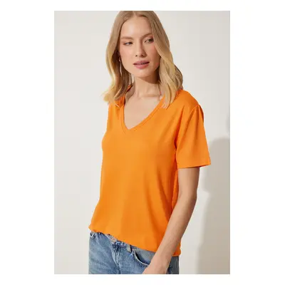 Happiness İstanbul Women's Orange V-Neck Basic Viscose Knitted T-Shirt