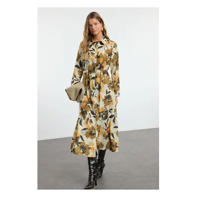 Trendyol Beige Floral Print Pleated Woven Button Shirt Dress