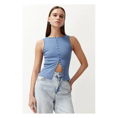 Trendyol Indigo Buttoned Fitted Ribbed Stretch Knit Blouse