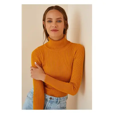 Happiness İstanbul Women's Mustard Turtleneck Ribbed Lycra Sweater