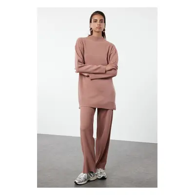 Trendyol Dried Rose Corded Knitted Basic Knitwear Top and Bottom Set