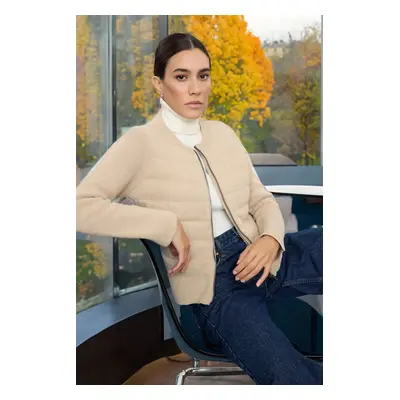 Trendyol Beige Crew Neck Zippered Coat-Look Knitwear Cardigan