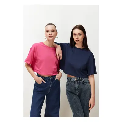 Trendyol Navy Blue-Fuchsia 2-Pack 100% Cotton Relax/Comfort Fit Crop Knitted T-Shirt