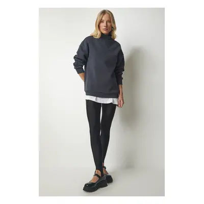 Happiness İstanbul Women's Anthracite High Neck Basic Raised Sweatshirt