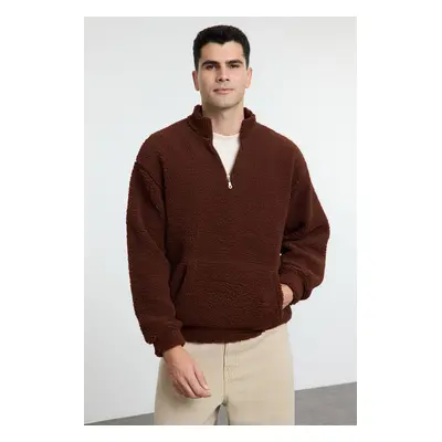 Trendyol Dark Brown Oversize/Wide Cut Zipper Plush Sweatshirt