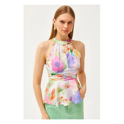 Olalook Women's Tie-Dye Floral Halter Neck Waist Detailed Crepe Blouse