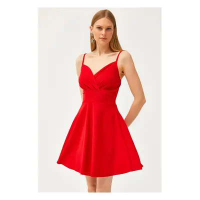 Olalook Women's Red Strap Double Breasted Collar Flared Dress