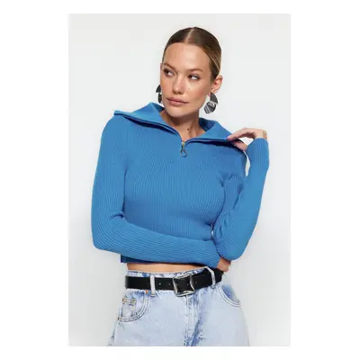 Trendyol Blue Crop Zip Detail Pletený svetr