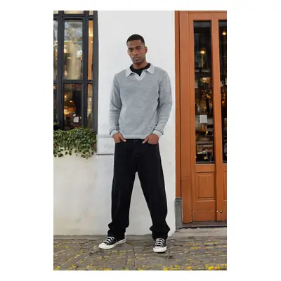 Trendyol Gray Casual Regular Polo Neck Textured Knitwear Sweater