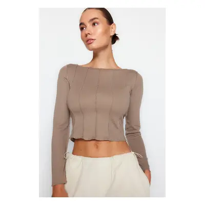 Trendyol Beige Stitch Detail Carmen Collar Fitted/Situated Ribbed Knitted Blouse