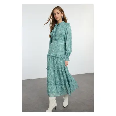 Trendyol Mint Patterned Ruffled Woven Dress