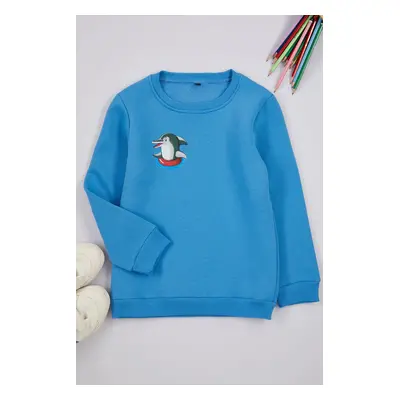 Trendyol Blue Printed Cotton Knitted Sweatshirt