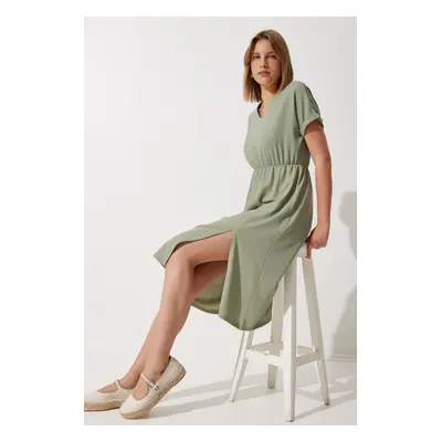 Happiness İstanbul Women's Green V-Neck Slit Summer Casual Knitted Dress