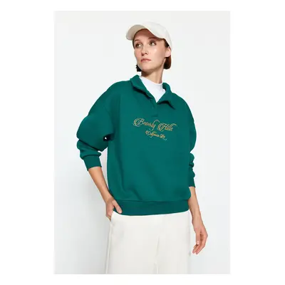 Trendyol Emerald Green Shirt Collar Embroidered Regular Fit Fleece Inside Knitted Sweatshirt