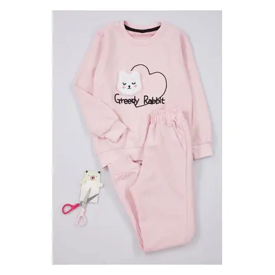 Trendyol Girl Pink Cat Patterned Pajama Set Knitted Top-Bottom Set