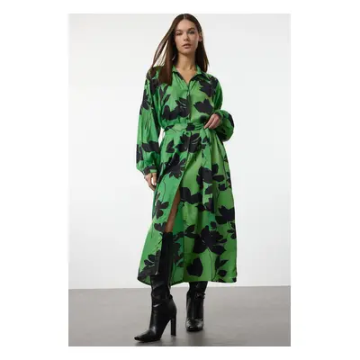 Trendyol Green Floral Wide Pattern Sleeves Stitch Detail Premium Fabric Maxi Shirt Dress