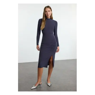 Trendyol Anthracite Plain Drape Detailed Slit High Collar Fitted Flexible Knitted Dress