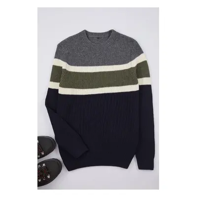 Trendyol Anthracite Slim Fit Wool Crew Neck Panelled Color Block Knitwear Sweater