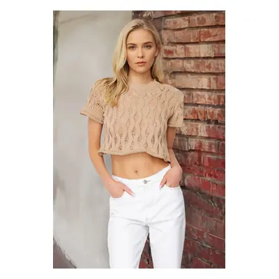 Trendyol Mink Padded Crop Slotted/Hollowed Knit Sweater