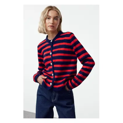 Trendyol Navy Blue Soft Texture Striped Jacket Look Knitwear Cardigan