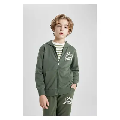 DEFACTO Boy's Hooded Printed Zippered Basic Sweatshirt