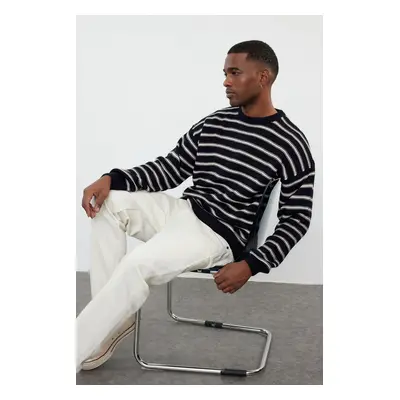 Trendyol Navy Blue Casual Unisex Crew Neck Striped Knitwear Sweater