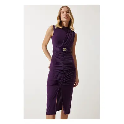 Happiness İstanbul Women's Purple Belted Gathered Knitted Dress