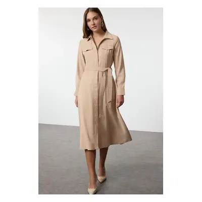 Trendyol Camel Belted A-Line Premium Fabric Zipper Detail Midi Shirt Dress