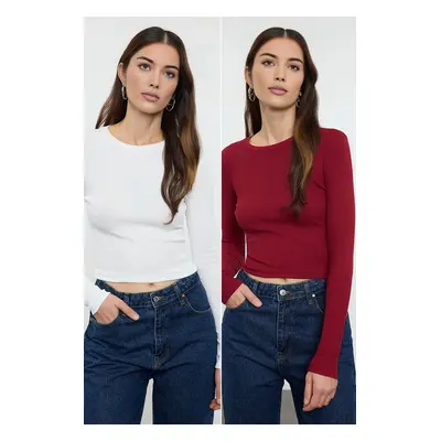 Trendyol Ecru-Burgundy Package Body-Sit Crew Neck Ribbed Crop Flexible Knitted Blouse