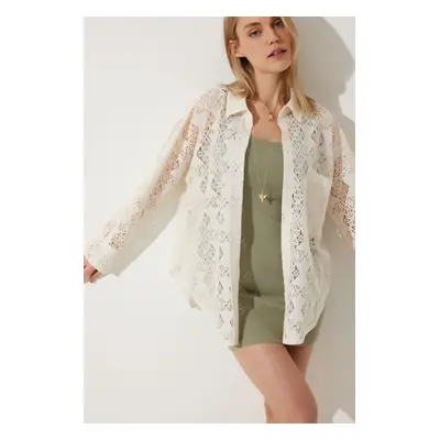 Happiness İstanbul Women's Cream Premium Oversize Lace Shirt