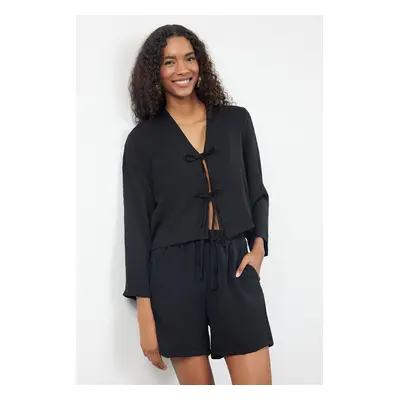 Trendyol Black Front Tie Detailed Woven Blouse-Shorts Set