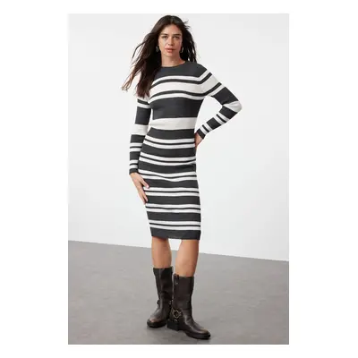 Trendyol Anthracite Midi Knit Striped Dress