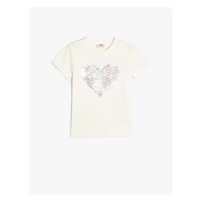 Koton T-Shirt Sequined Sequined Heart Crew Neck Cotton