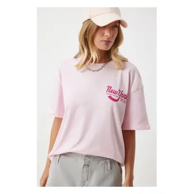 Happiness İstanbul Women's Pink Printed Oversize Knitted T-Shirt