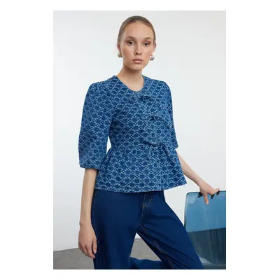 Trendyol Dark Blue Front Tie Patterned Short Sleeve Denim Blouse