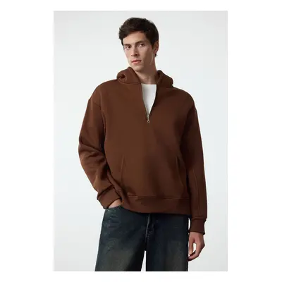 Trendyol Brown Oversize/Wide Cut Zippered Hooded Fleece Inside Basic Sweatshirt