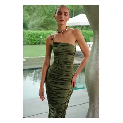 Trendyol X Zeynep Tosun Khaki Knitted Elegant Evening Dress with Accessory Detail