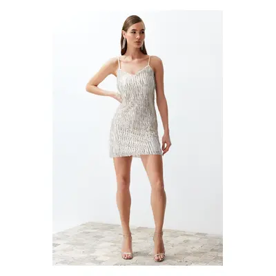 Trendyol Beige Woven Sequin Short Elegant Evening Dress