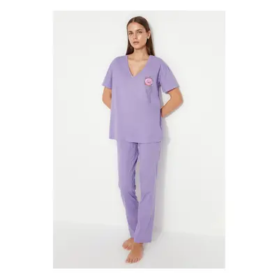 Trendyol Lilac 100% Cotton Printed Pocket Detail Wide Pattern T-shirt-Pants Knitted Pajama Set