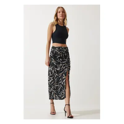 Happiness İstanbul Women's Black Patterned Gathered Midi Skirt